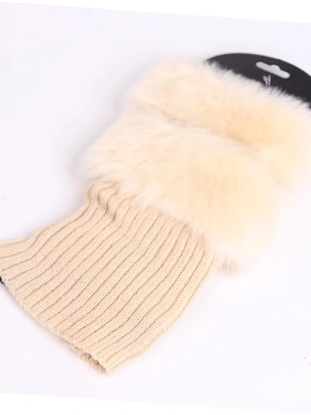Faux Fur Trim Knit Wrist Warmers - Cream
